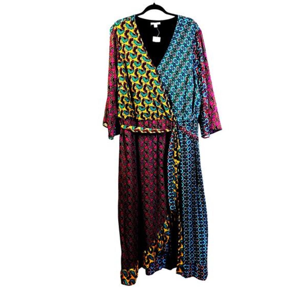 CATO Dress Maxi Faux Wrap Patchwork 3/4 Sleeve Lined Boho V-Neck Belted‎ NWOT